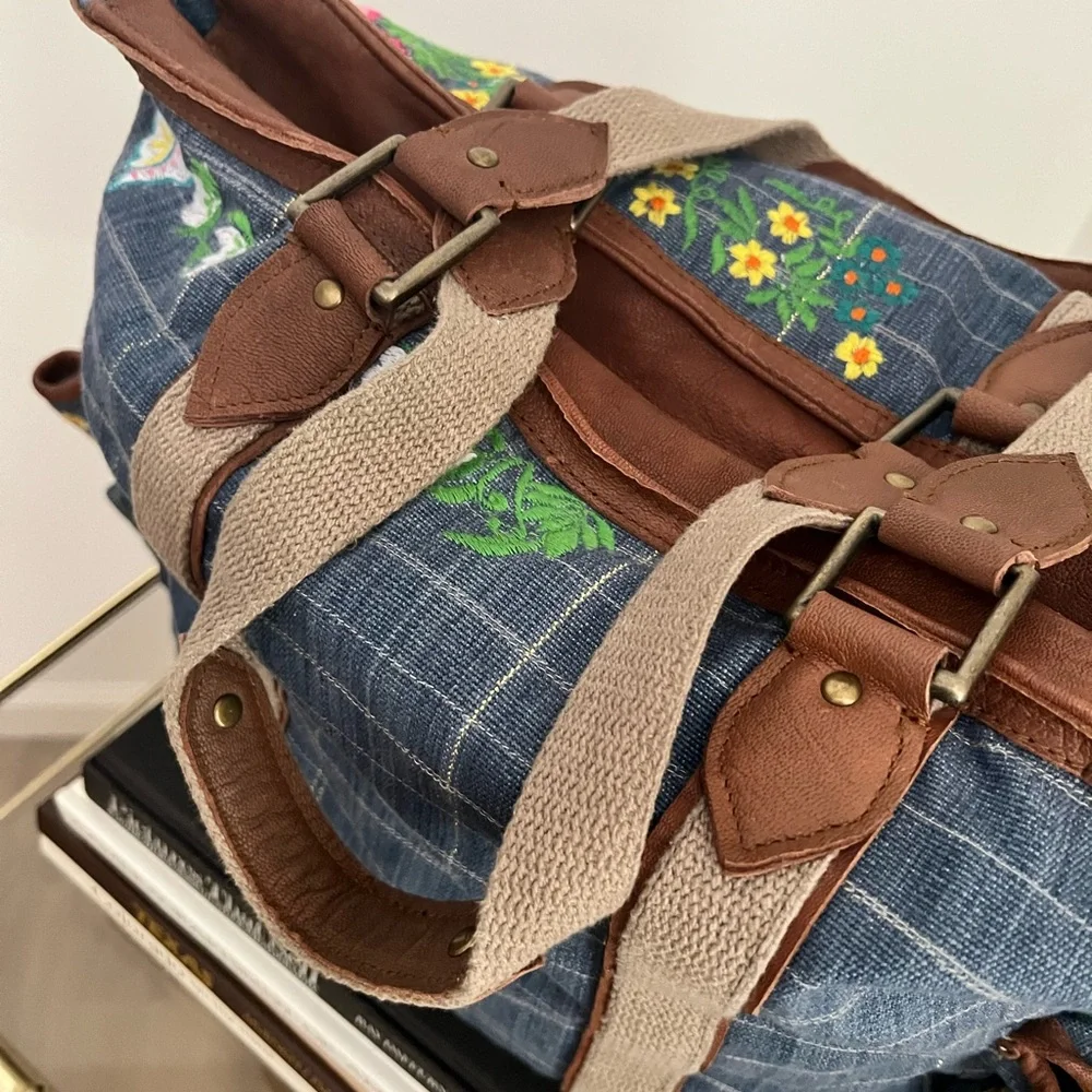 Free People Embroidered Blue Checkered Denim Women's Bag Spring Summer Festival - Picture 4 of 13